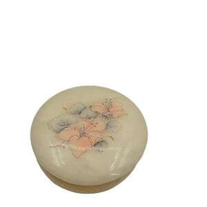 Vintage Genuine Alabaster Trinket Box Made in Italy Round Hinged Lid Hand Carved